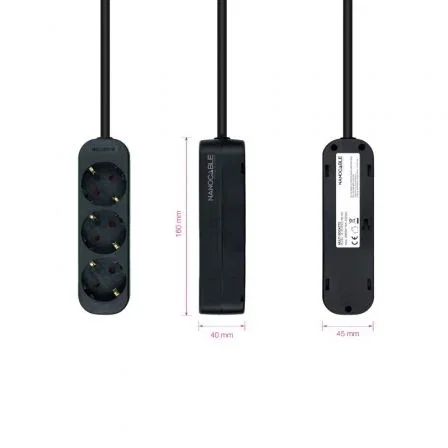 Nanocable Regleta de 3 Tomas con Cable de 1,4 m, Negra